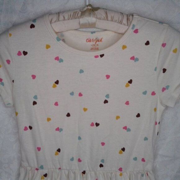 Cat & Jack Girls Fit & Flare Short Sleeve Dress Ivory Hearts Pockets Size 10/12 - Picture 3 of 7